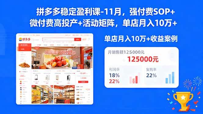 拼多多稳定盈利课-11月，强付费SOP+微付费高投产+活动矩阵，单店月入10w+-红果网创