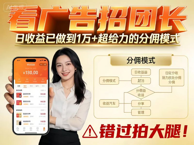 看广告招团长，团队收益已做到日入1万，分佣模式超给力，错过拍大腿-红果网创