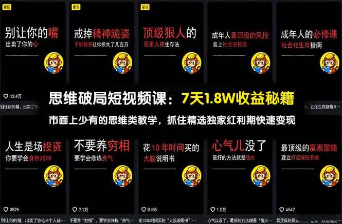 思维破局短视频课：7天1.8W收益秘籍：市面上少有的思维类教学，抓住精选独家红利期快速变现-红果网创