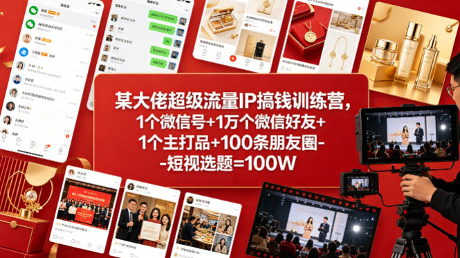 某大佬超级流量IP搞钱训练营，1个微信号+1万个微信好友+1个主打品+100条朋友圈-短视选题=100W-红果网创