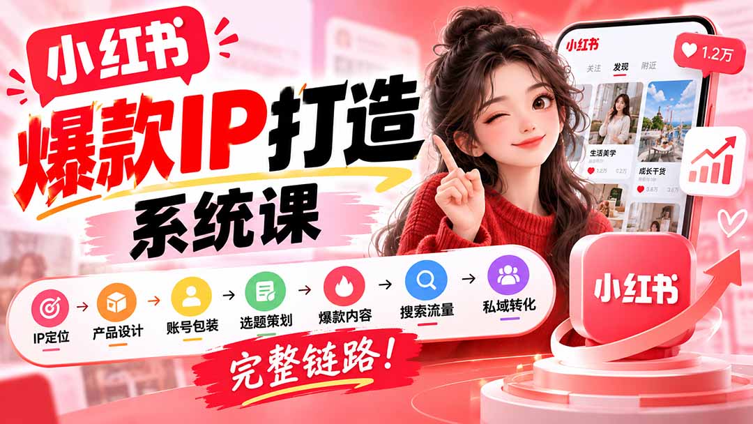 【无水印】小红书爆款IP打造课：IP定位→产品设计→账号包装→选题策划→爆款内容→搜索流量→私域转化，完整链路 - 红果网创-红果网创