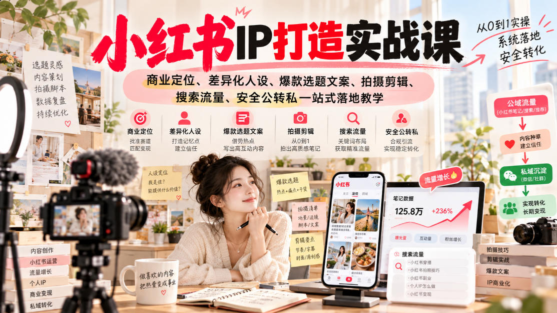 小红书ip打造实战课，商业定位、差异化人设、爆款选题文案、拍摄剪辑、搜索流量、安全公转私一站式落地教学 - 红果网创-红果网创