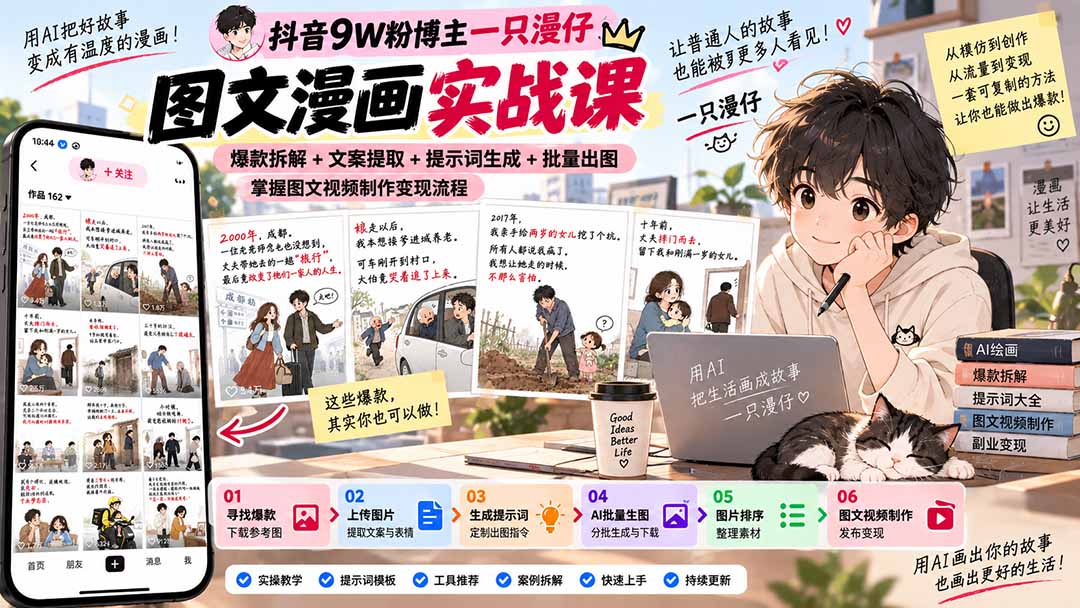抖音9W粉博主一只漫仔图文漫画课：爆款拆解+文案提取+提示词生成+批量出图，掌握图文视频制作变现流程-红果网创