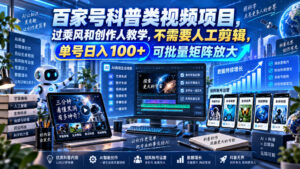 百家号科普类视频项目，过乘风和创作人教学，不需要人工剪辑，单号日入100+可批量矩阵放大-红果网创