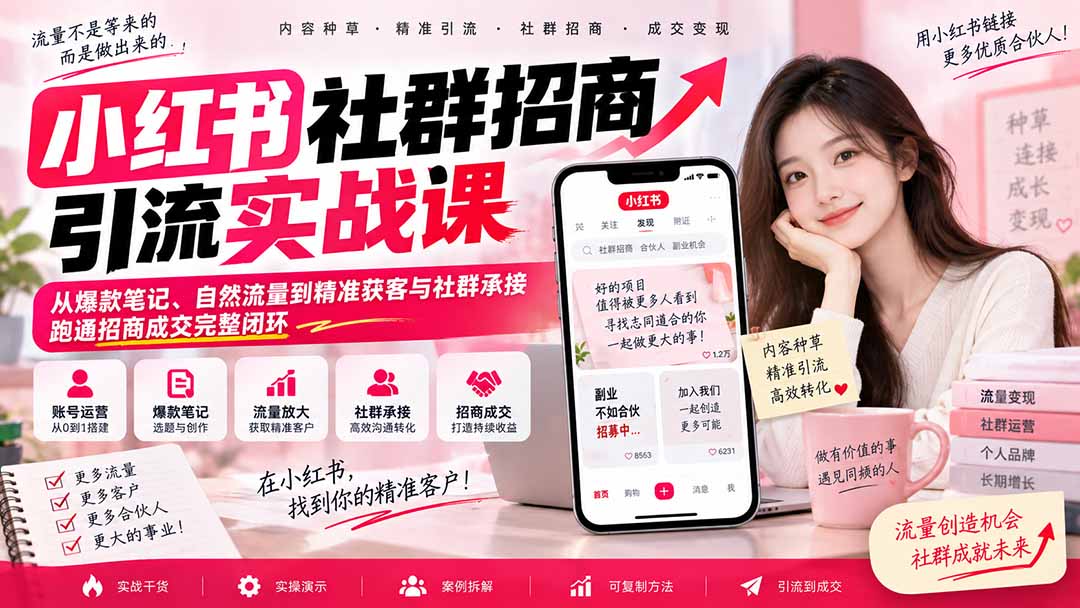 小红书社群招商引流实战课-无水印：从爆款笔记、自然流量到精准获客与社群承接，跑通招商成交完整闭环-红果网创
