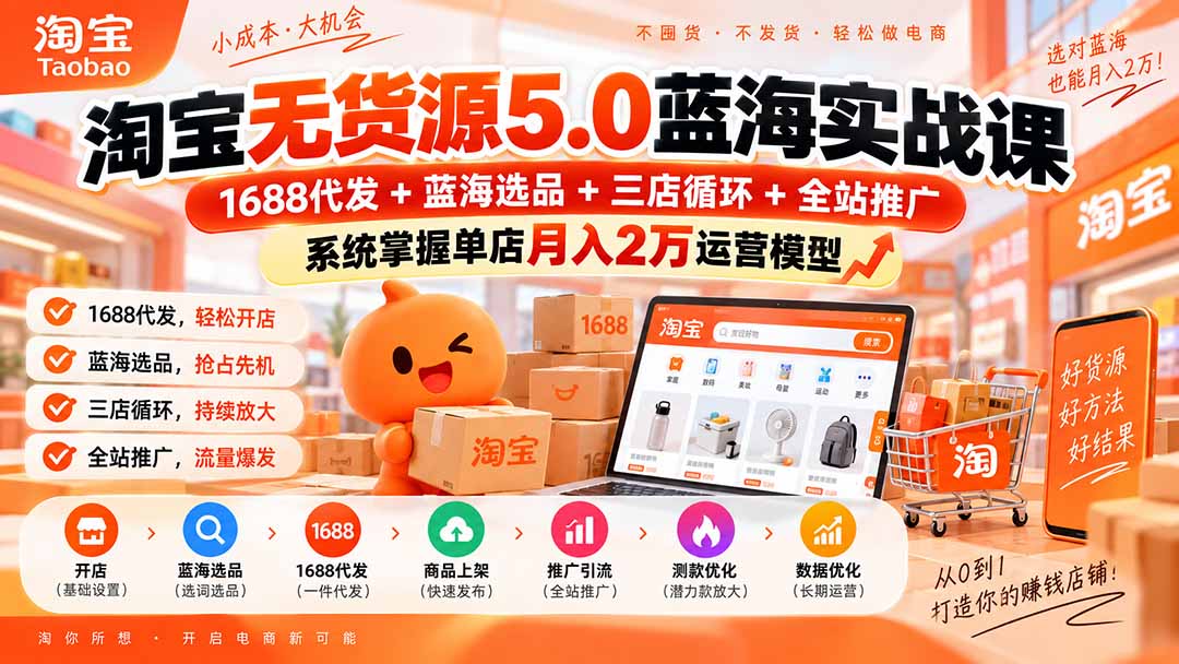 淘宝无货源5.0蓝海实战课-更新0927：1688代发+蓝海选品+三店循环+全站推广，系统掌握单店月入2万运营模型 - 红果网创-红果网创