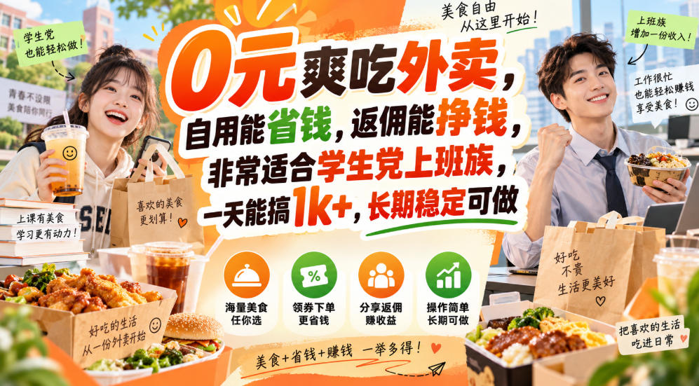 0元爽吃外卖，自用能省钱，返佣能挣钱，非常适合学生党上班族，一天能搞1k+，长期稳定可做-红果网创