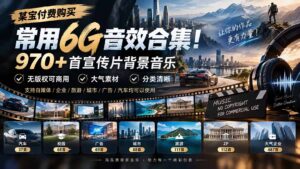 某宝付费购买，常用6G音效合集！970+首宣传片背景音乐，无版权可商用大气素材，分类清晰-红果网创