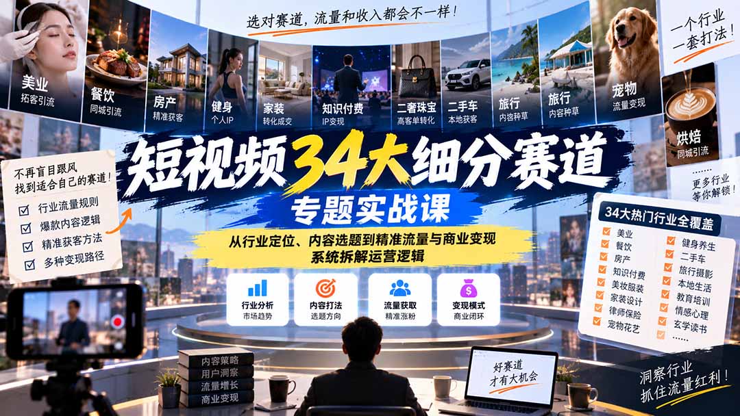 短视频34大细分赛道专题实战课：从行业定位、内容选题到精准流量与商业变现，系统拆解运营逻辑-红果网创