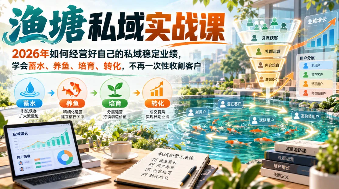 渔塘私域实战课，2026年如何经营好自己的私域稳定业绩，学会蓄水、养鱼、培育、转化，不再一次性收割客户 - 红果网创-红果网创
