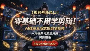 【视频号新风口】零基础不用学剪辑!AI 批量生成武侠剧情视频,入局视频号流量分成,实操跑通,日收益可做到 1000+-红果网创