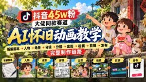 抖音45W粉大佬同款赛道AI怀旧动画教学:拆解脚本→人物→场景→分镜→出图→视频→剪辑→发布完整制作链路-红果网创