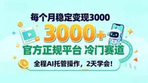 每个月稳定变现3000＋， 官方正规平台 冷门赛道， 全程ai托管操作，2天学会！-红果网创