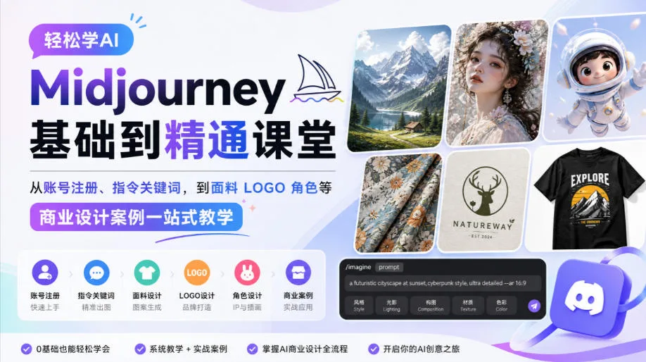 轻松学AI Midjourney基础到精通课堂,从账号注册、指令关键词,到面料LOGO角色等商业设计案例一站式教学