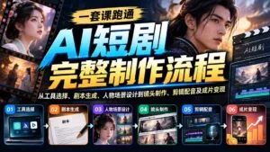 一套课跑通AI短剧完整制作流程:从工具选择、剧本生成、人物场景设计到镜头制作、剪辑配音及成片变现-红果网创
