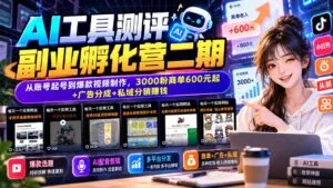 AI工具测评副业孵化营二期：从账号起号到爆款视频制作，3000粉商单600元起+广告分成+私域分销赚钱-红果网创