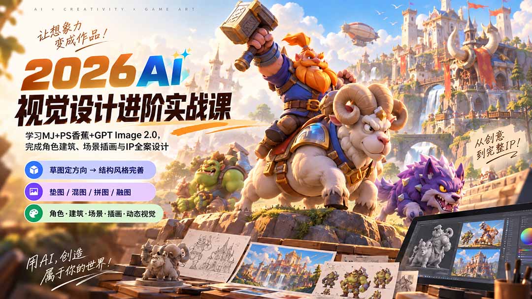 2026AI视觉设计进阶实战课-更新1007：学习MJ+PS香蕉+GPT Image 2.0，完成角色建筑、场景插画与IP全案设计 - 红果网创-红果网创