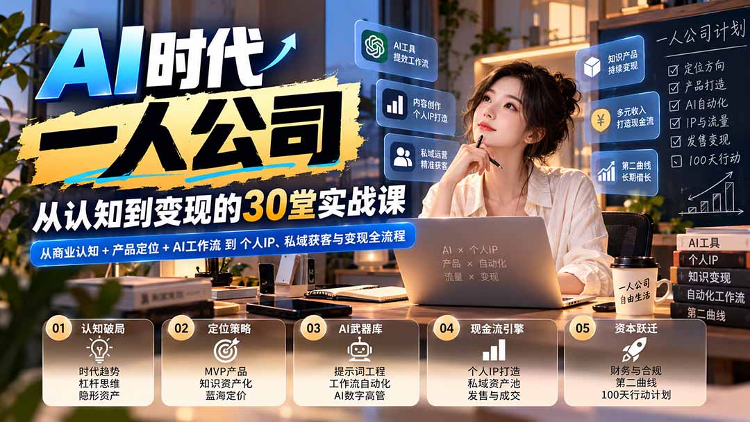 AI时代一人公司30堂实战课：从商业认知+产品定位+AI工作流到个人IP、私域获客与变现全流程 - 红果网创-红果网创
