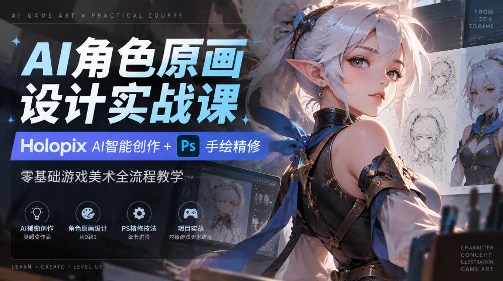 AI角色原画设计实战课｜Holopix AI智能创作+PS手绘精修，零基础游戏美术全流程教学 - 红果网创-红果网创