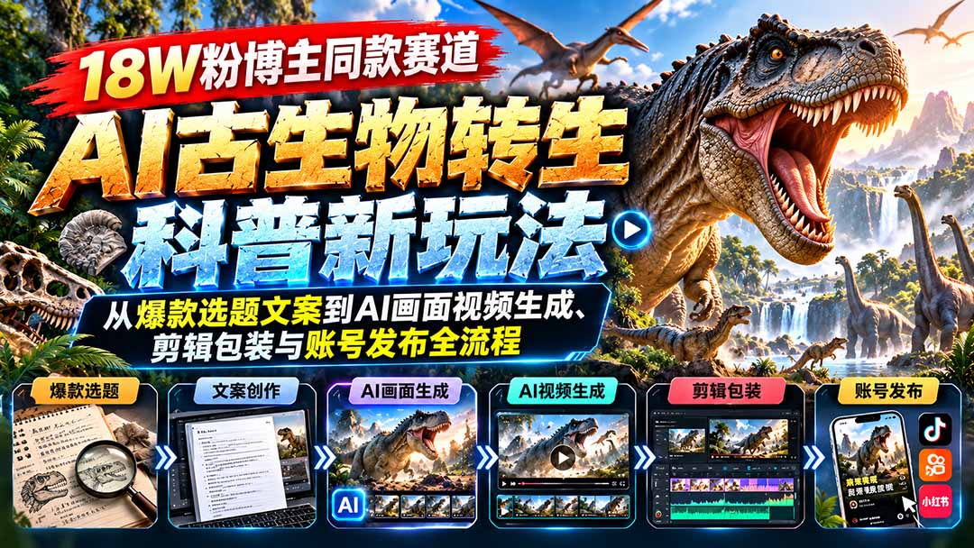 18W粉博主同款赛道-AI古生物转生科普新玩法：从爆款选题文案到AI画面视频生成、剪辑包装与账号发布全流程 - 红果网创-红果网创