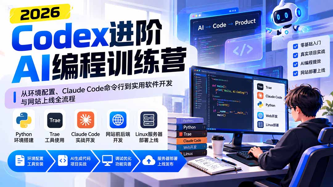 Codex进阶AI编程训练营：从环境配置、Claude Code命令行到实用软件开发与网站上线全流程 - 红果网创-红果网创