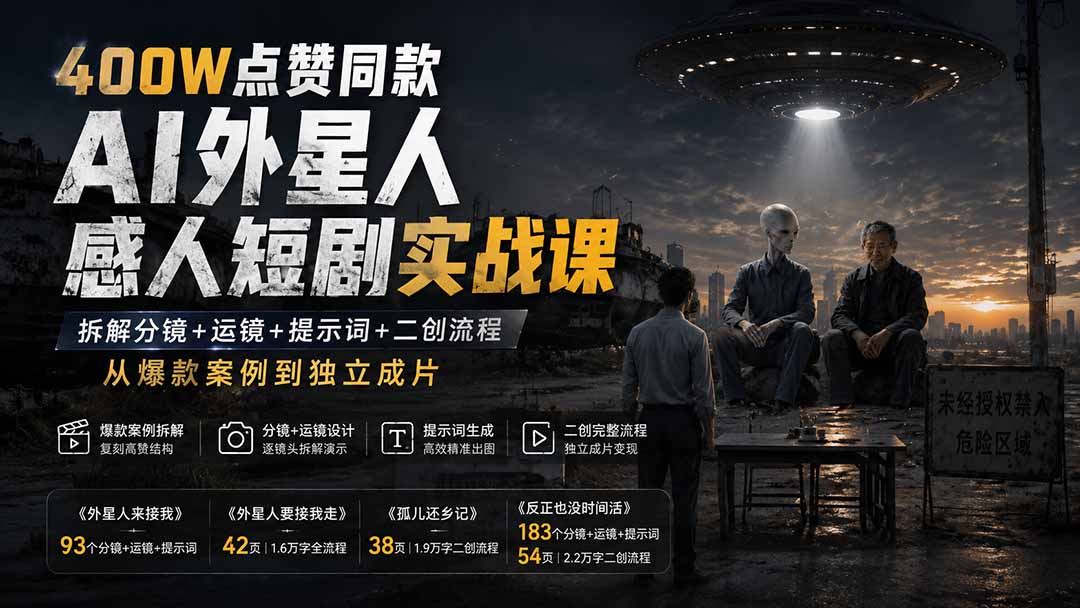 400W点赞同款AI外星人感人短剧实战课-更新1009：拆解分镜+运镜+提示词+二创流程，从爆款案例到独立成片 - 红果网创-红果网创