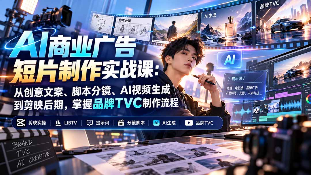 AI商业广告短片制作实战课：从创意文案、脚本分镜、AI视频生成到剪映后期，掌握品牌TVC制作流程 - 红果网创-红果网创