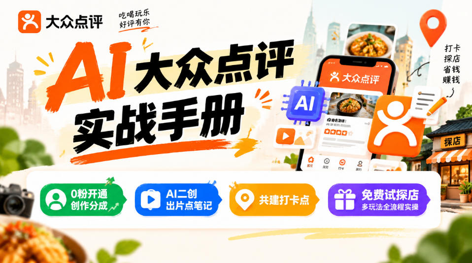 某局的AI大众点评实战手册，0粉开通创作分成、AI二创出片点笔记、共建打卡点、免费试探店多玩法全流程实操 - 红果网创-红果网创