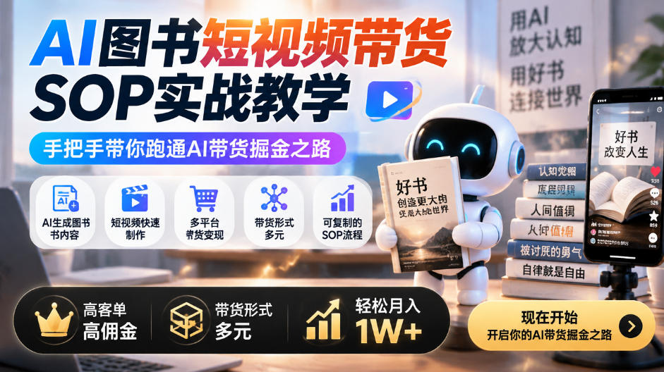 AI图书短视频带货SOP实战教学，手把手带你跑通AI带货掘金之路，高客单高佣金，带货形式多元，轻松月入1W+ - 红果网创-红果网创