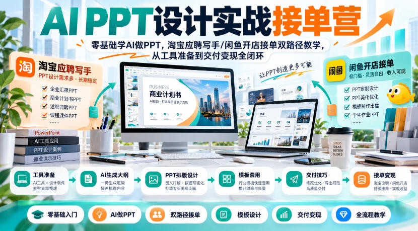 AI PPT设计实战接单营｜零基础学AI做PPT，淘宝应聘写手/闲鱼开店接单双路径教学，从工具准备到交付变现全闭环 - 红果网创-红果网创