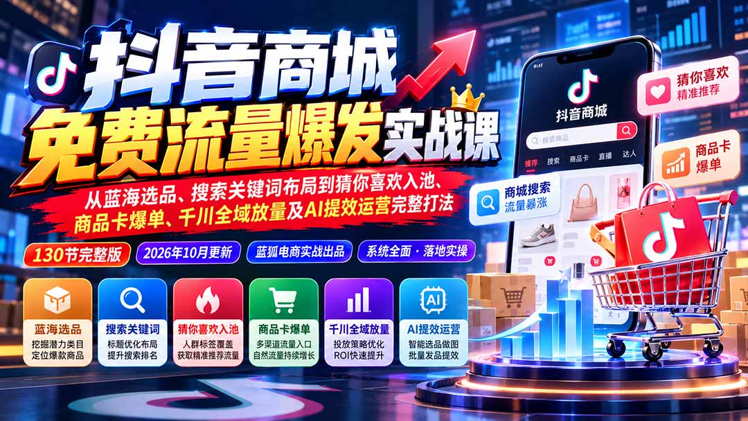 抖音商城免费流量爆发实战：从蓝海选品、搜索关键词布局到猜你喜欢入池、商品卡爆单、千川全域放量及AI提效完整打法 - 红果网创-红果网创