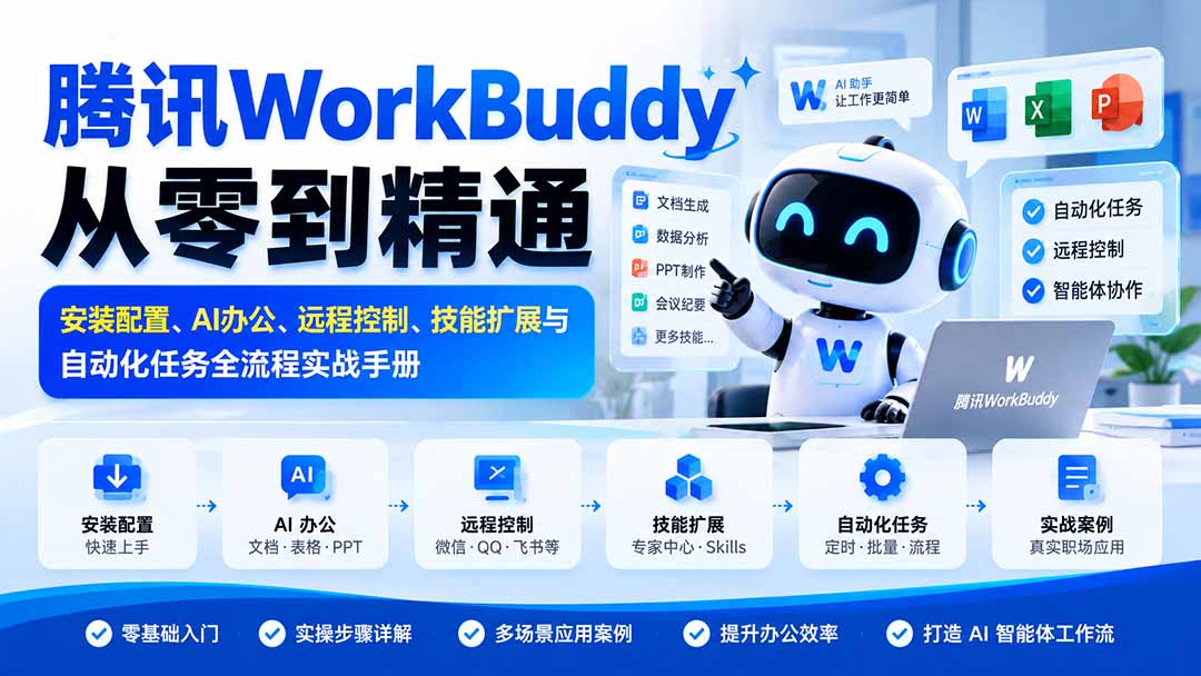 腾讯WorkBuddy从零到精通：安装配置、AI办公、远程控制、技能扩展与自动化任务全流程实战手册 - 红果网创-红果网创
