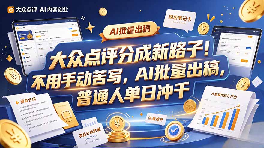 大众点评副业新玩法，工具提效解放双手，批量做笔记，单日可破千 - 红果网创-红果网创