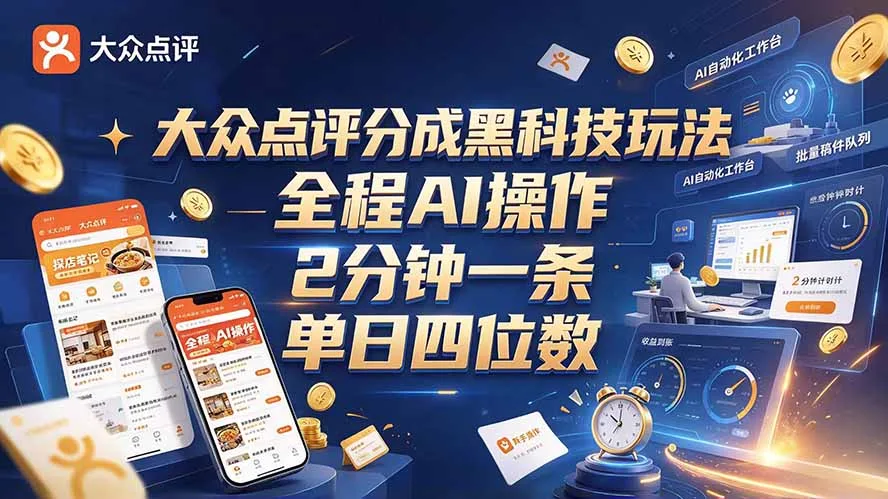 大众点评分成全网独家玩法，AI 全自动出内容，2 分钟一条，小白可冲单日四位数 - 红果网创-红果网创
