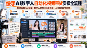 快手AI数字人自动化视频带货实操全流程|素材拆解+AI文案+数字人分身+自动剪辑,从0到1起号带货(更新26年-红果网创
