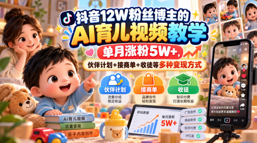 抖音12W粉丝博主的AI育儿视频教学，单月涨粉5W+，伙伴计划+接商单+收徒等多种变现方式 - 红果网创-红果网创