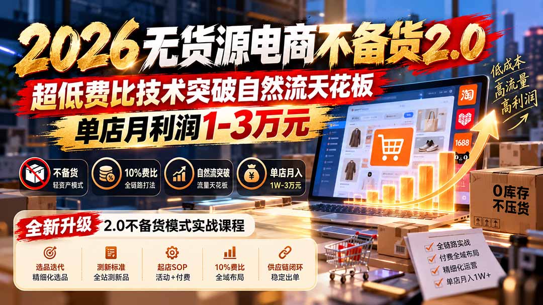 2026无货源电商不备货2.0【更新1019】：超低费比技术突破自然流天花板，单店月利润1-3万元 - 红果网创-红果网创