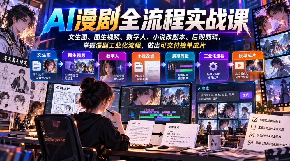AI漫剧全流程实战课，文生图、图生视频、数字人、小说改剧本、后期剪辑，掌握漫剧工业化流程，做出可交付接单成片 - 红果网创-红果网创