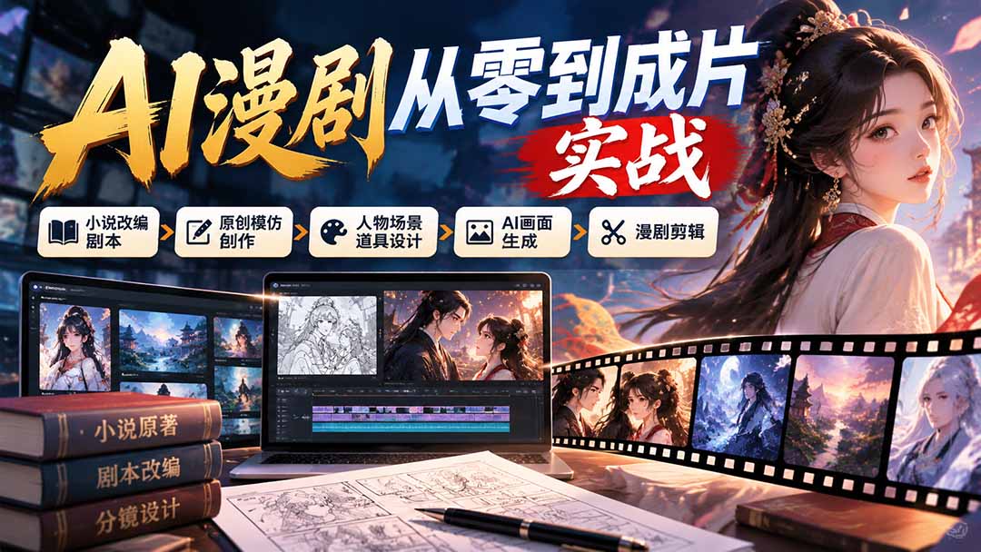 AI漫剧从零到成片实战：小说改编剧本、原创模仿创作、人物场景道具设计、AI画面生成与漫剧剪辑 - 红果网创-红果网创